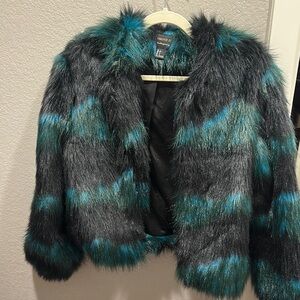 Faux Fur Jacket in Black and Teal